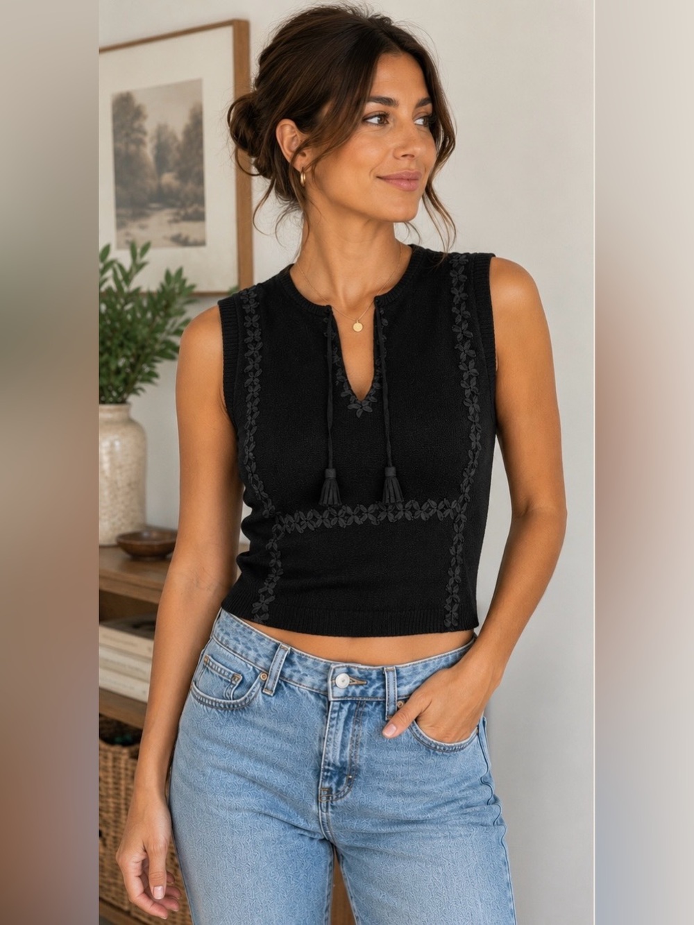 Ease Black Silk Blend Sleeveless Sweater Knit Top XS Tassel Tie Floral Trim Boho